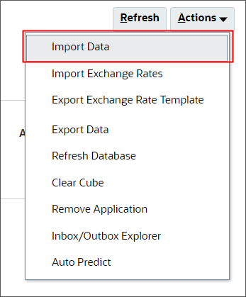 Import data option in the Actions menu